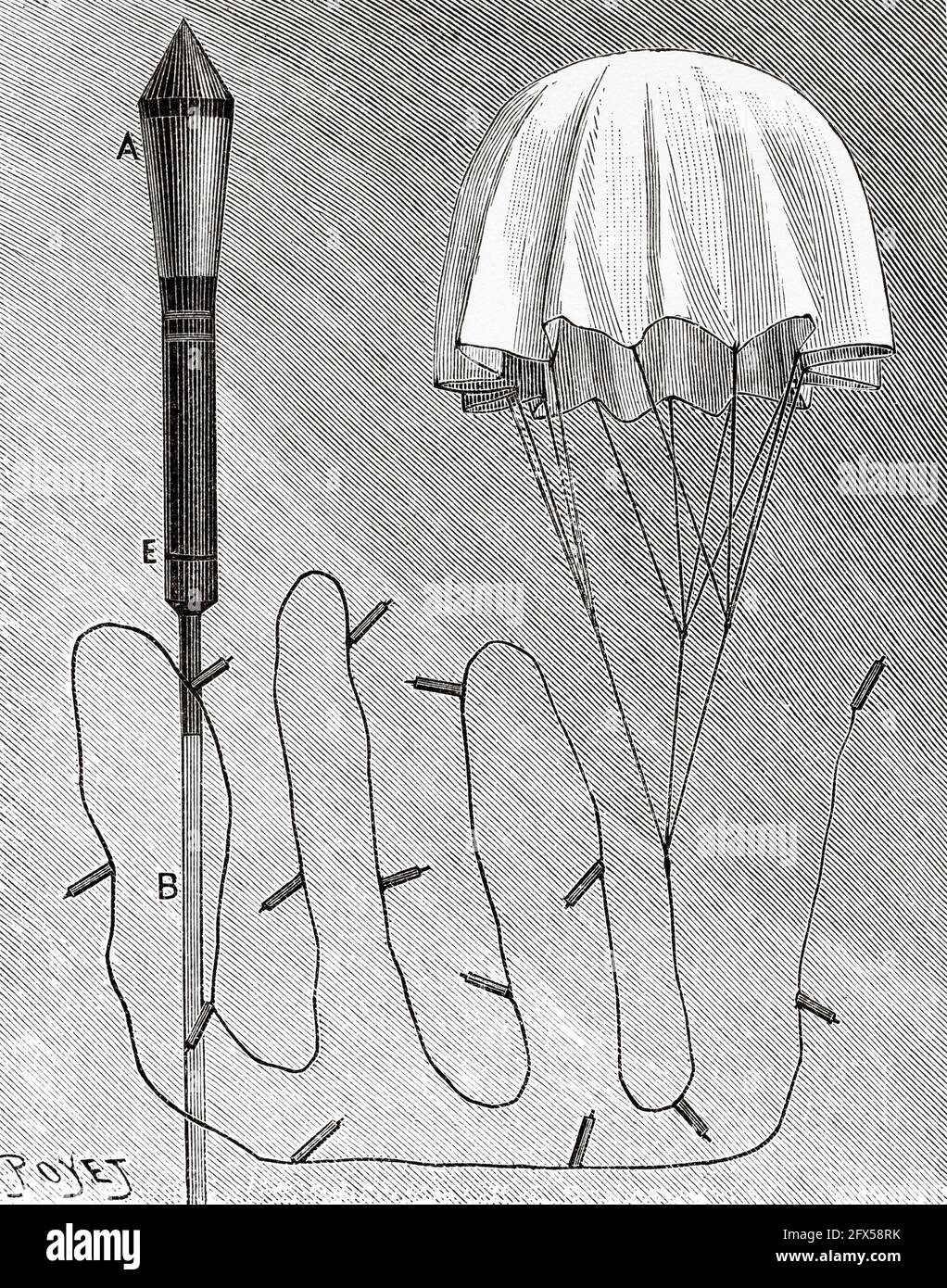 Parachute rocket, pyrotechnic devices from the late XIX century, Europe. Old 19th century engraved illustration from La Nature 1893 Stock Photo