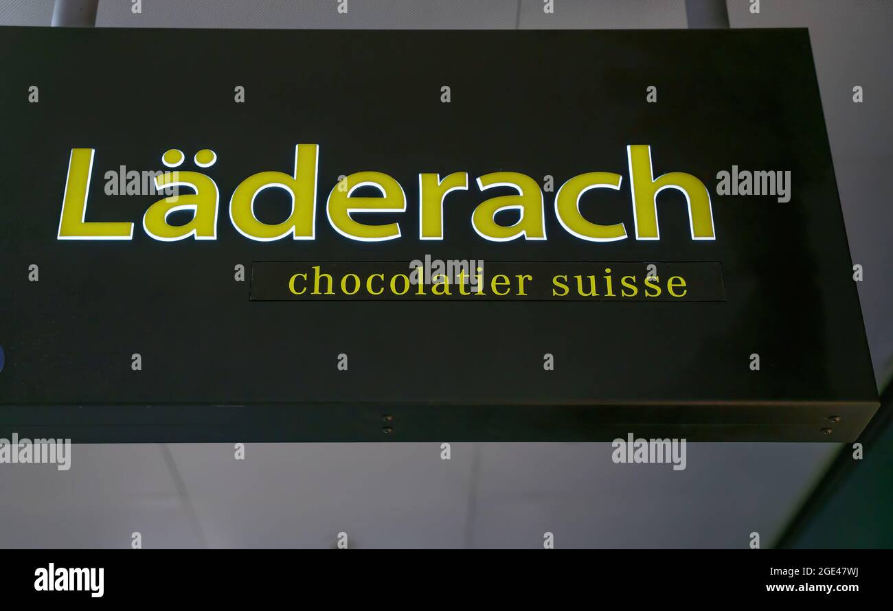 ZURICH, SWITZERLAND - DECEMBER 14, 2019: The sign of swiss confectionery and chocolate manufacturer Laderach. Stock Photo