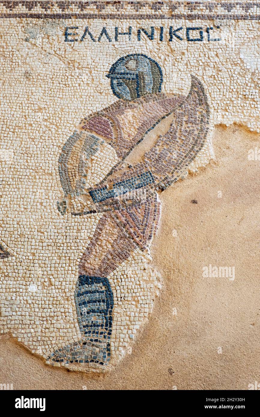 Gladiator mosaic in the Gladiators House, at the Archaeological site of Kourion, Republic of Cyprus. Stock Photo