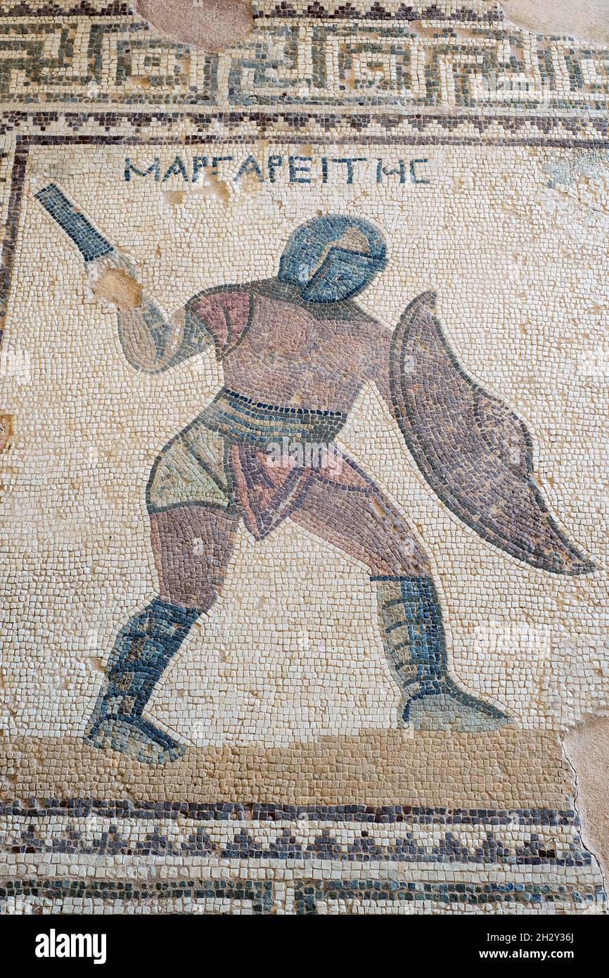 Gladiator mosaic in the Gladiators House, at the Archaeological site of Kourion, Republic of Cyprus. Stock Photo