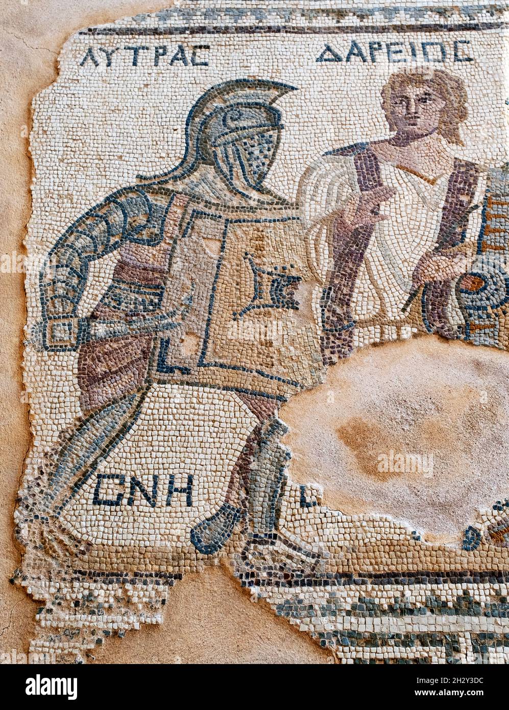 Gladiator mosaic in the Gladiators House, at the Archaeological site of Kourion, Republic of Cyprus. Stock Photo