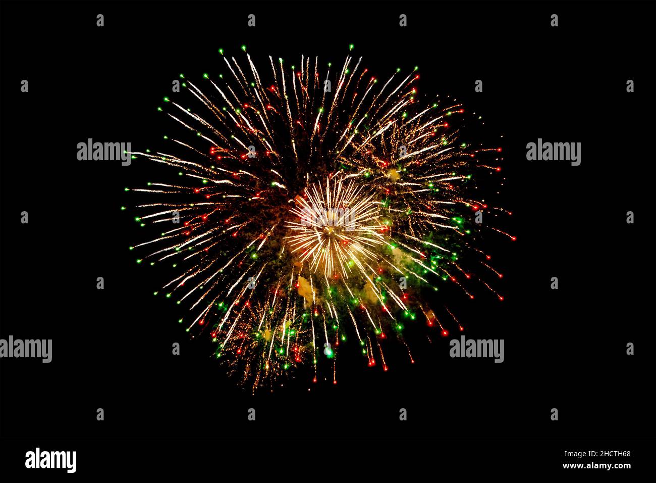 Sparks. Fireworks Are A Class Of Explosive Pyrotechnic Devices Used For Aesthetic Purposes. salute, on a black background. Festive Christmas lighting Stock Photo