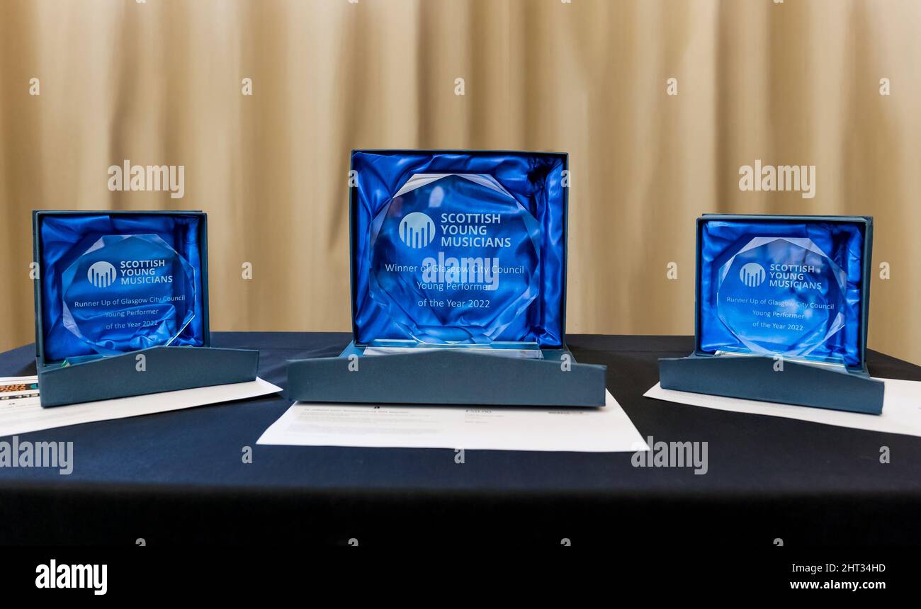 Scottish Young Musicians awards or trophies or prizes for winners of Glasgow City Council Young Performer of the Year 2022 Stock Photo