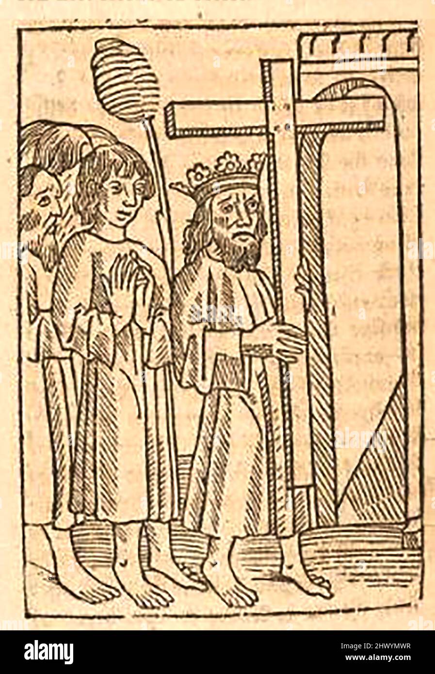 15th century woodcut showing the exaltation of the true cross  printed by William Caxton ( 1422-1491/92) in his translation of  'The Golden Legend' or  'Thus endeth the legende named in Latyn legenda aurea that is to saye in Englysshe the golden legende' by Jacobus, de Voragine, (Circa 1229-1298). Stock Photo