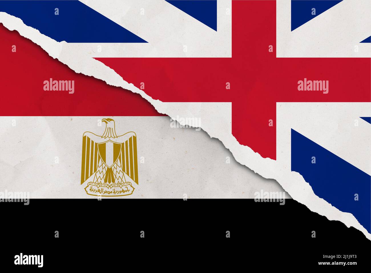 United Kingdom and Egypt flag ripped paper grunge background. Abstract United Kingdom and Egypt economics, politics conflicts, war concept Stock Photo