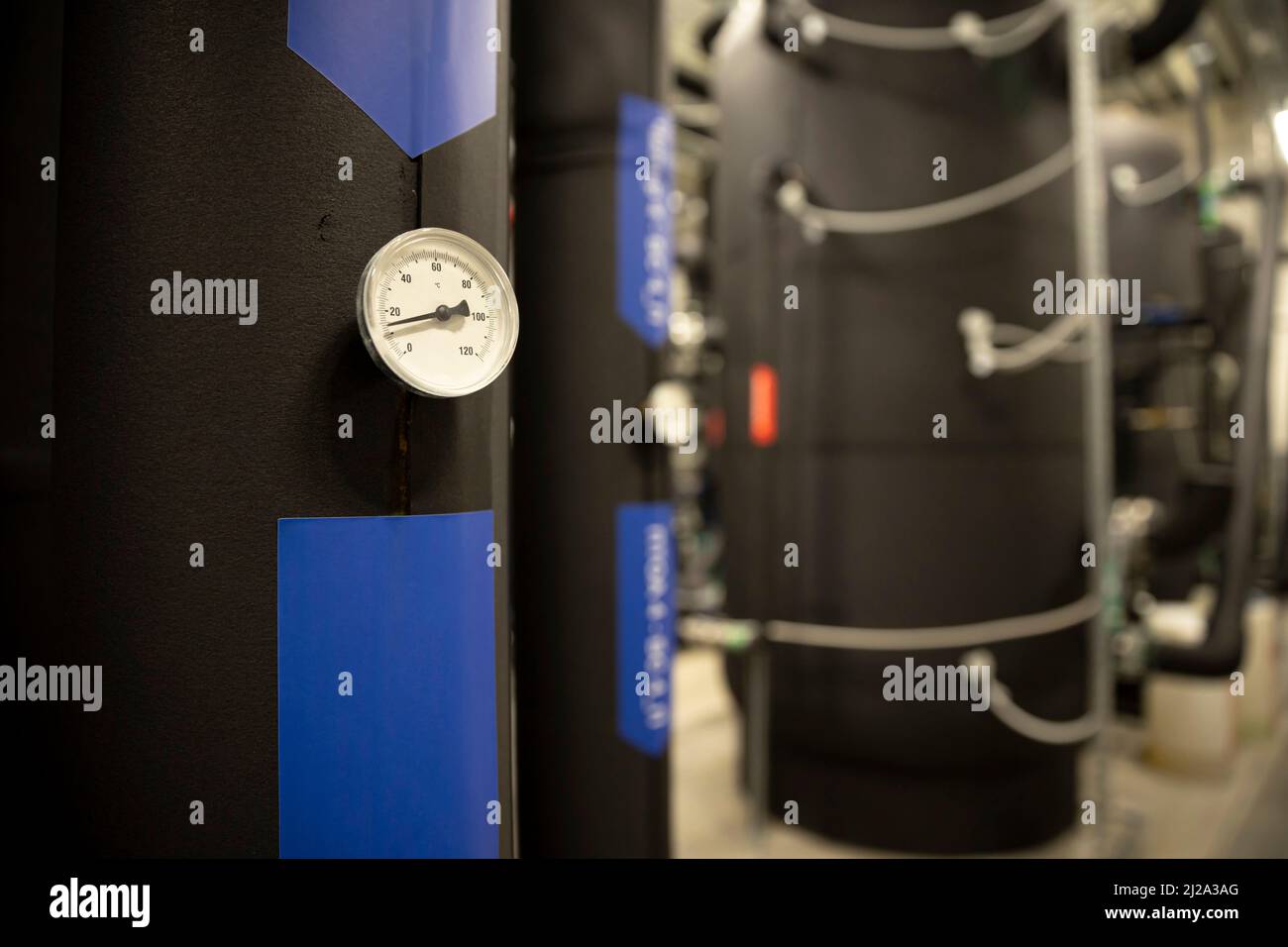 Cooling system of a supercomputer. Thermometer in Celsius. Stock Photo