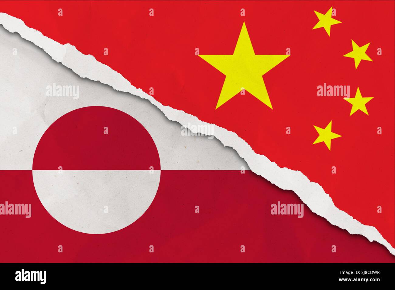 China and Greenland flag ripped paper grunge background. Abstract China and Greenland economics, politics conflicts concept texture background Stock Photo