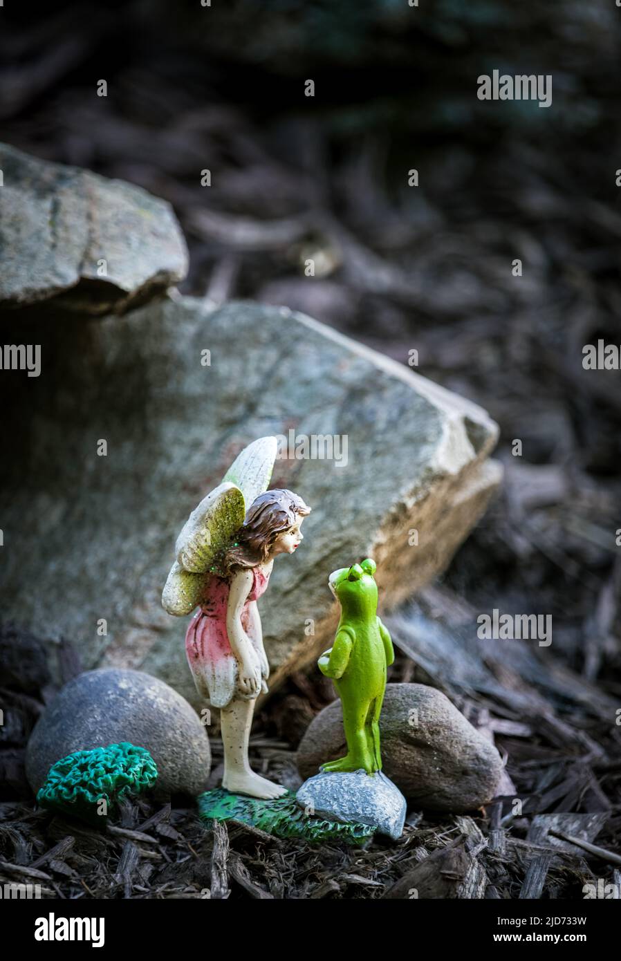 A fairy bending down to give a frog advice or talk to a frog in front of rocks in spring, summer, fall, Lancaster, Pennsylvania Stock Photo