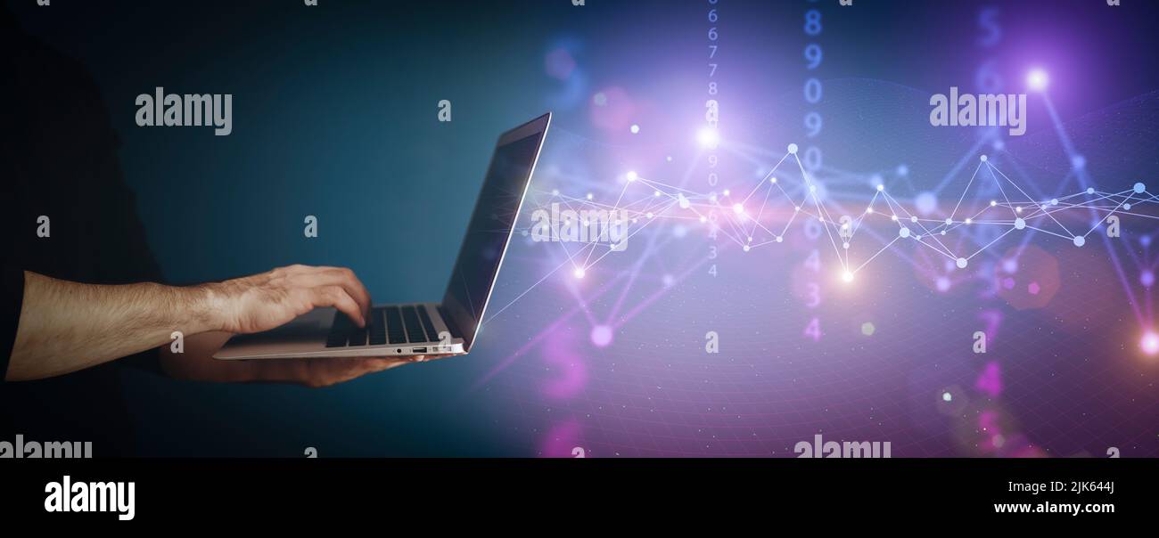 Big data technology background. Using a laptop against the background of visualization of a computer internet network, social connection, analytics, information. High quality photo Stock Photo