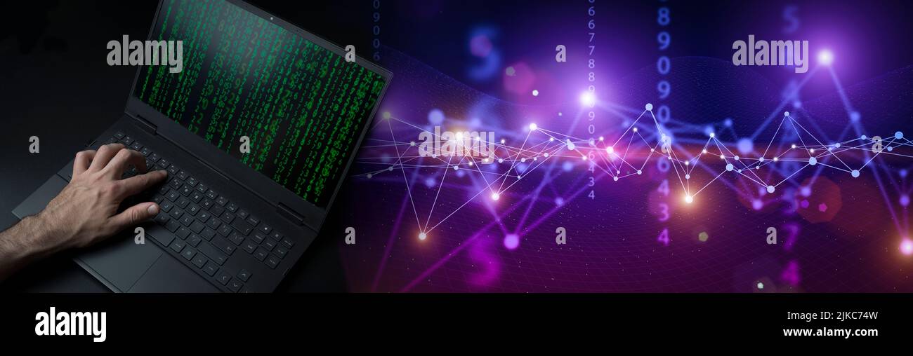 Big data technology background. Using a laptop against the background of visualization of a computer internet network, social connection, analytics, information. High quality photo Stock Photo