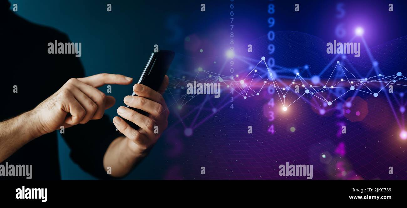 Big data technology background. Using a smartphone against the background of visualization of a computer internet network, social connection, analytics, information. High quality photo Stock Photo