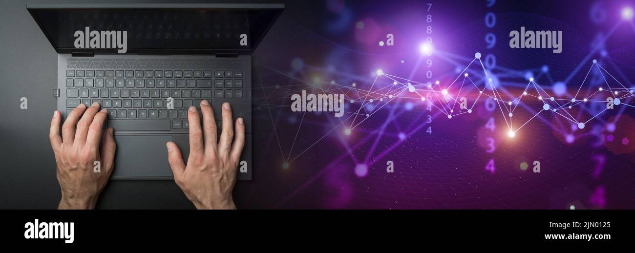 Big data technology background. Using a laptop against the background of visualization of a computer internet network, social connection, analytics, information. High quality photo Stock Photo