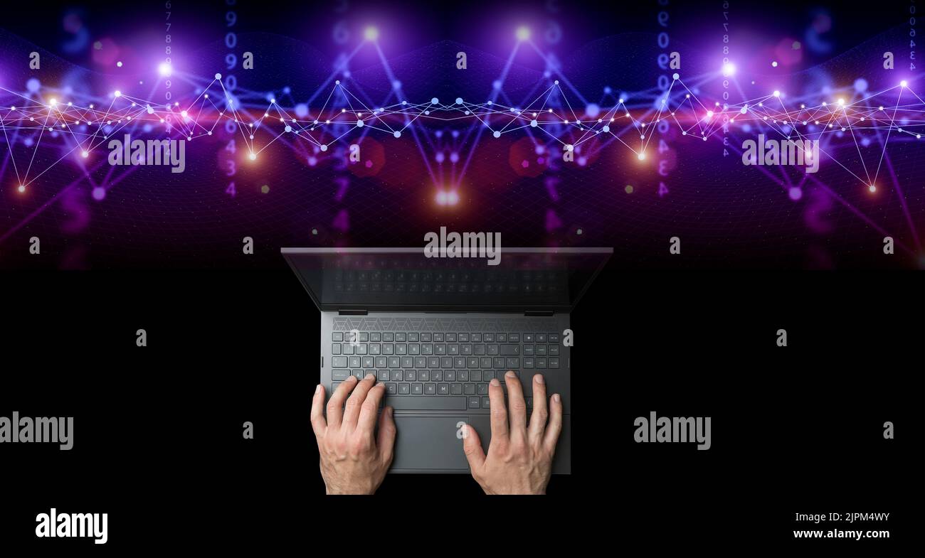 Big data technology background. Using a laptop against the background of visualization of a computer internet network, social connection, analytics, information. High quality photo Stock Photo