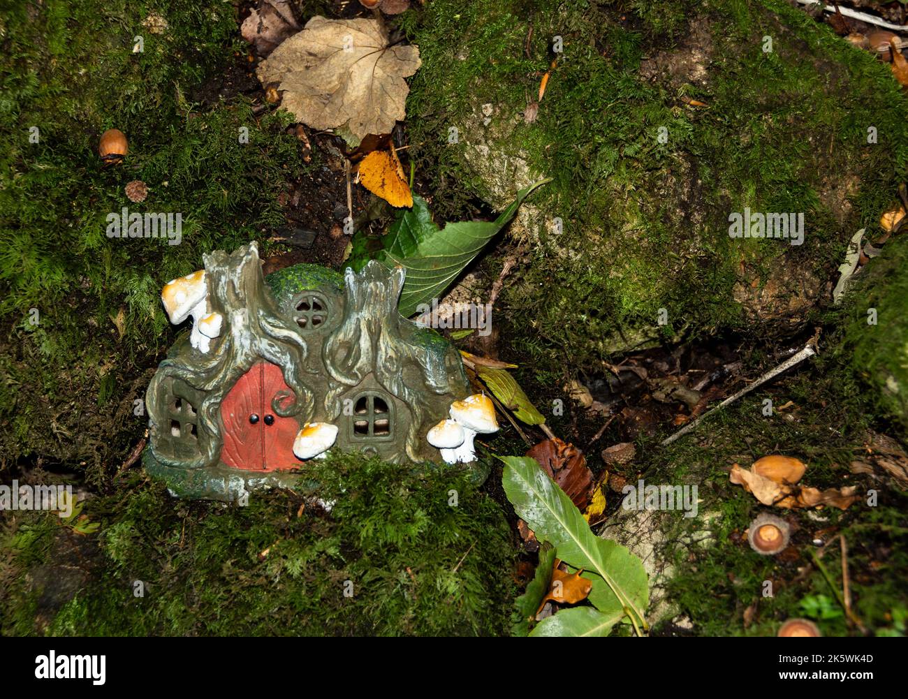 Fairy Houses in a dark woods. Stock Photo