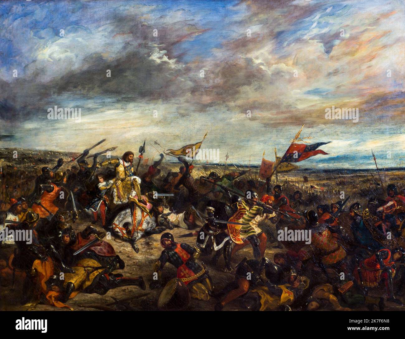 ©Active Museu/MAXPPP - ActiveMuseum 0001661.jpg / Bataille de Poitiers, pendant la Guerre de cent ans, 1830 - Eugene Delacroix 1830 - / Eugene Delacroix / Peinture Active Museum / Le Pictorium Armor ,Army ,Battle ,Cloudy sky ,Confrontation ,Crowd ,curl ,Dynasty ,Flag ,French woman ,Horizontal ,King of France ,Man ,Massacre ,Prince ,Rifle ,Soldier ,Sword ,War ,Weapon ,Poitiers ,Edward of Woodstock ,John the Good ,18th century ,Eugene Delacroix ,Painting ,  Stock Photo