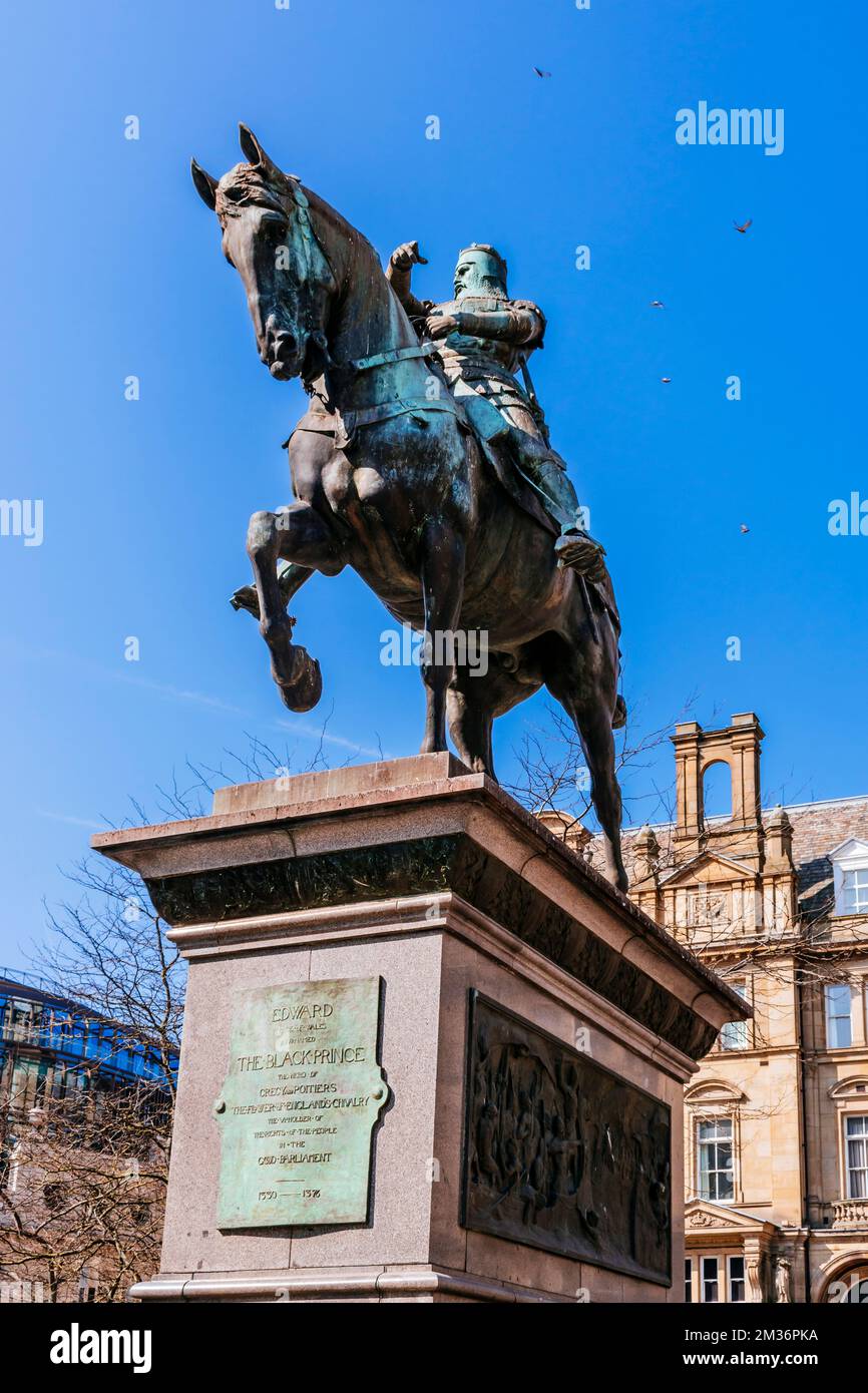 Equestrian statue of Edward the Black Prince in chain mail armour with helmet and sword. City Square, Leeds, West Yorkshire, Yorkshire and the Humber, Stock Photo