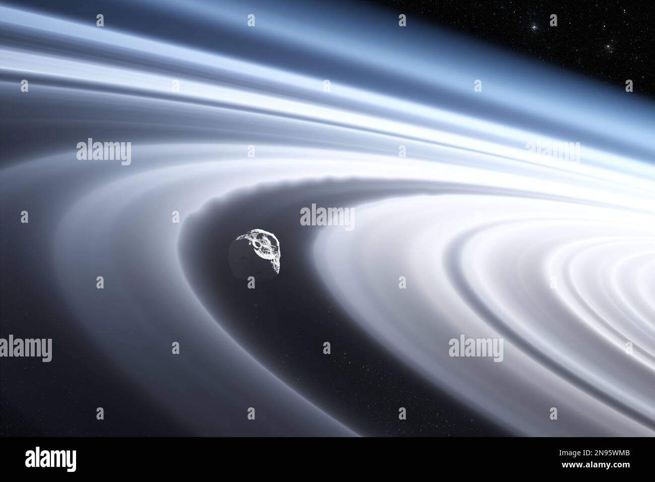 Saturn planetary ring system.The gravitational pull of moons and disturbances in Saturn ring. 3d illustration Stock Photo