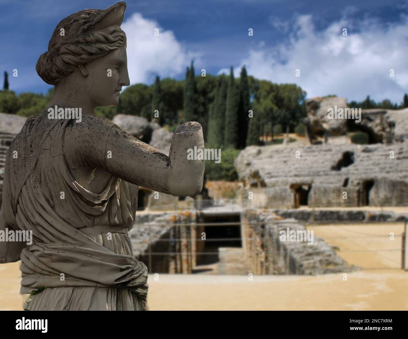 The Amphitheater of Italica, one of the first Roman colonies in Spain (Seville), was also the birthplace of two important emperors, Trajan and Hadrian Stock Photo