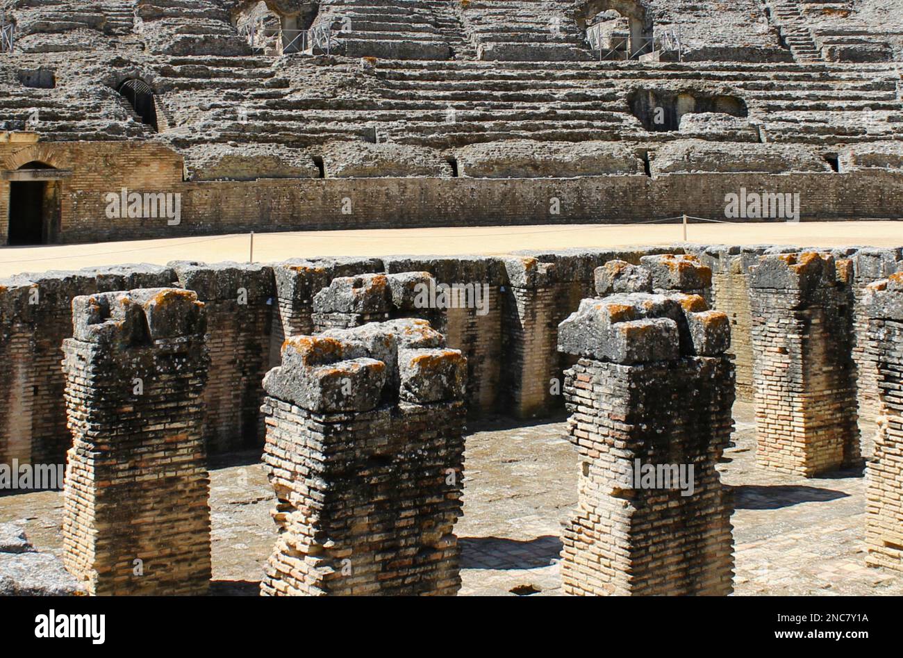 The Amphitheater of Italica, one of the first Roman colonies in Spain (Seville), was also the birthplace of two important emperors, Trajan and Hadrian Stock Photo