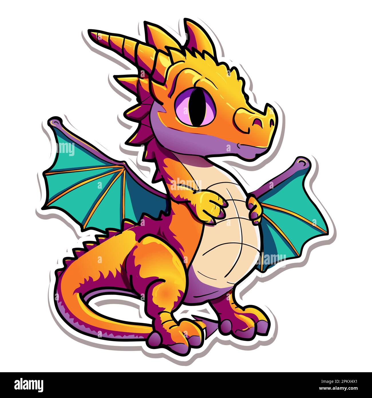 Magic dragon sticker. Fantasy funny creature, big flying fairy animal legendary characters, mythical reptiles cartoon design vector illustration Stock Vector