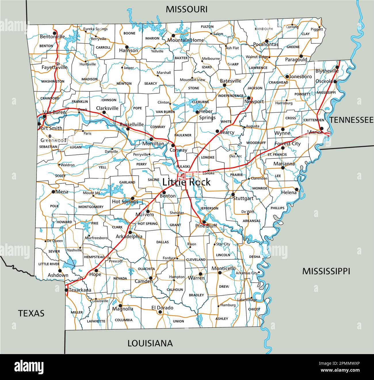 High detailed Arkansas road map with labeling. Stock Vector