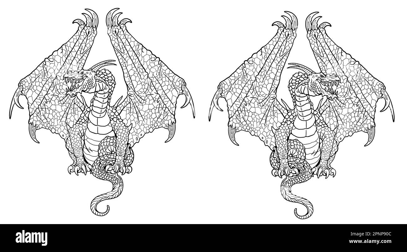 Dragon coloring page. Fantasy illustration with mythical creature. Dragon drawing coloring sheet. Stock Photo