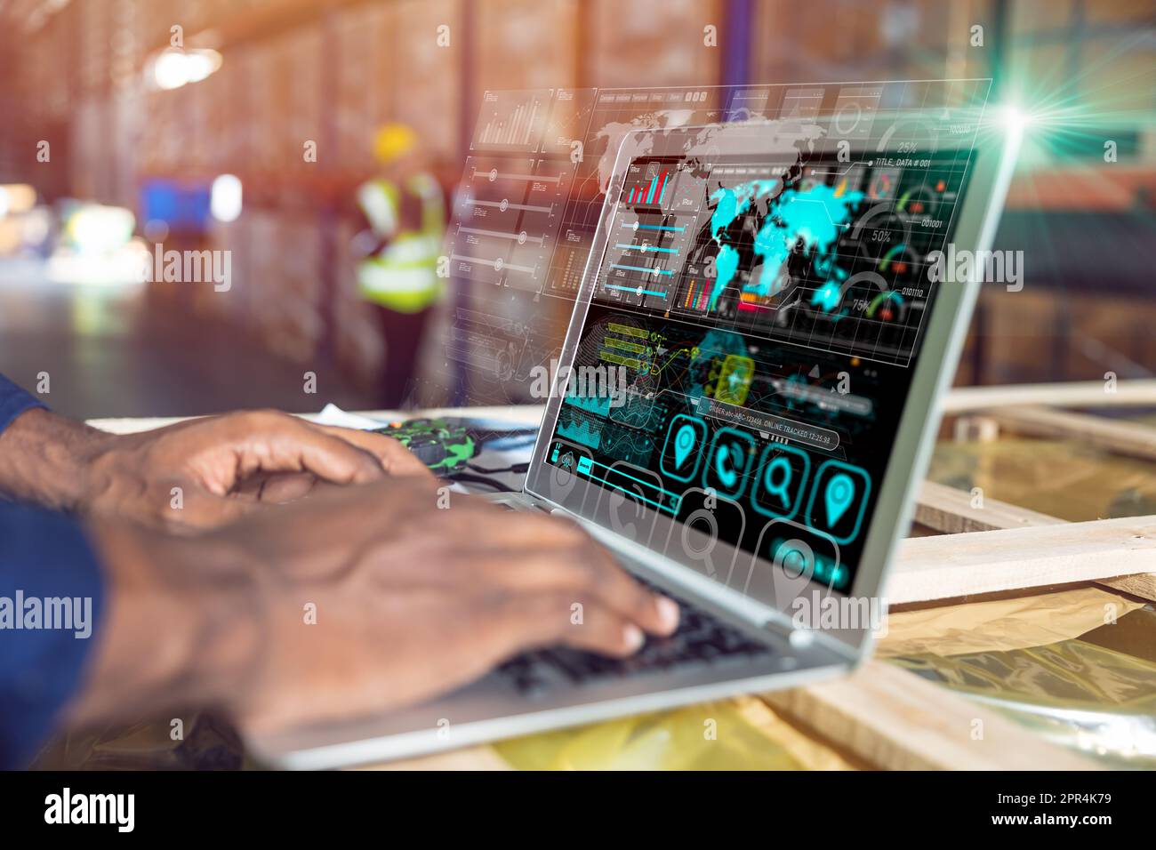 Warehouse staff using future advance technology inventory supply shipping tracking and storage management software. Stock Photo