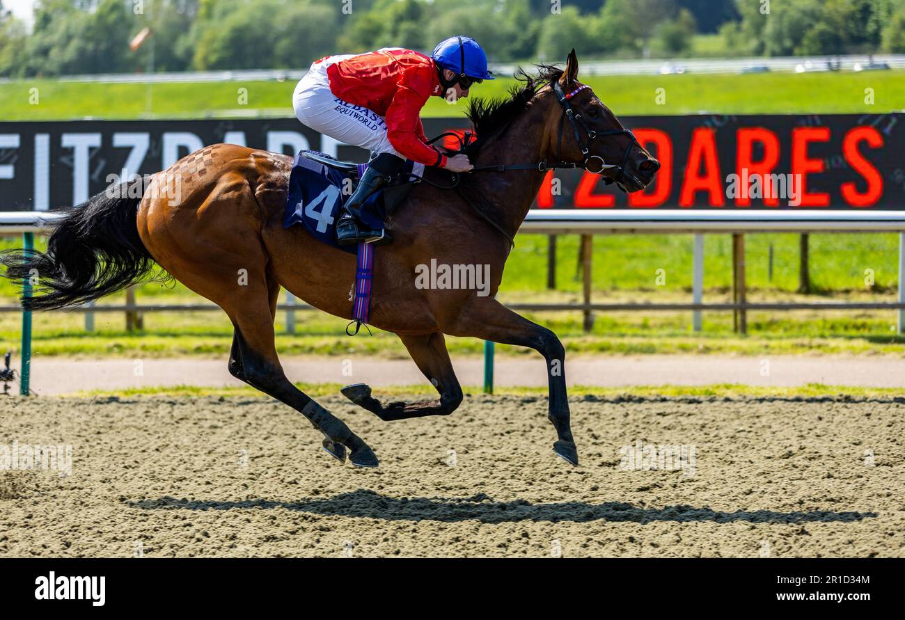 Sacred ridden by jockey Ryan Moore winning the Fitzdares Chartwell Fillies' Stakes during the Derby and Oaks Trial Raceday at Lingfield Park, Surrey. Picture date: Saturday May 13, 2023. Stock Photo