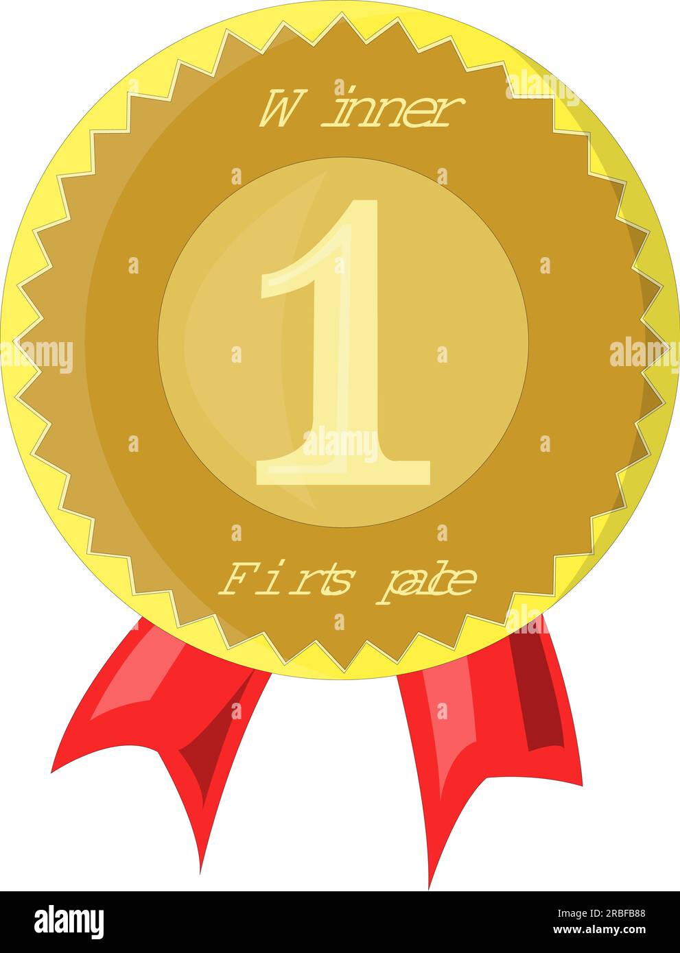 Gold medal vector. Gold badge 1st place. Sports Game Golden Challenge Award. Red ribbon at the bottom of the medal. Isolated. Stock Vector