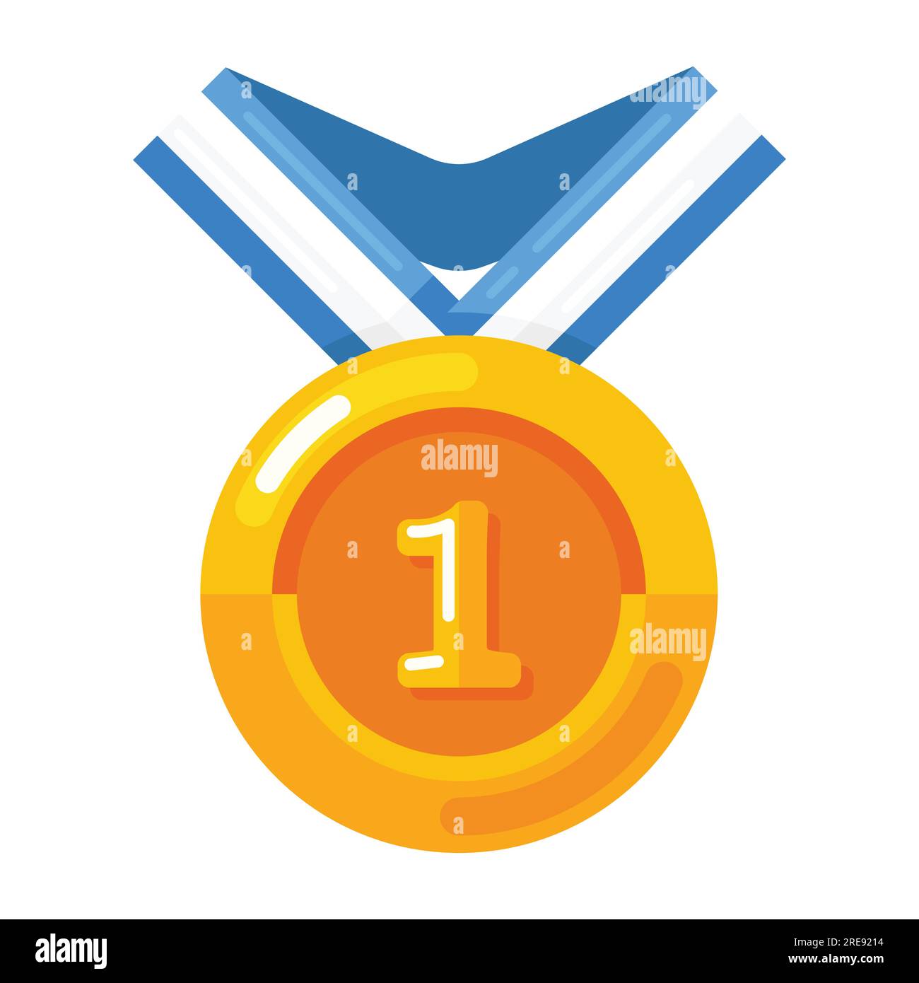 Gold medal with blue ribbon. first prize or award in sports. vector illustration Stock Vector