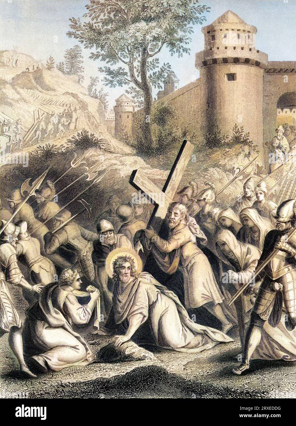 Via Crucis. Simon of Cyrene helps Jesus carry his cross. Colored Illustration for The life of Our Lord Jesus Christ written by the four evangelists, 1853 Stock Photo