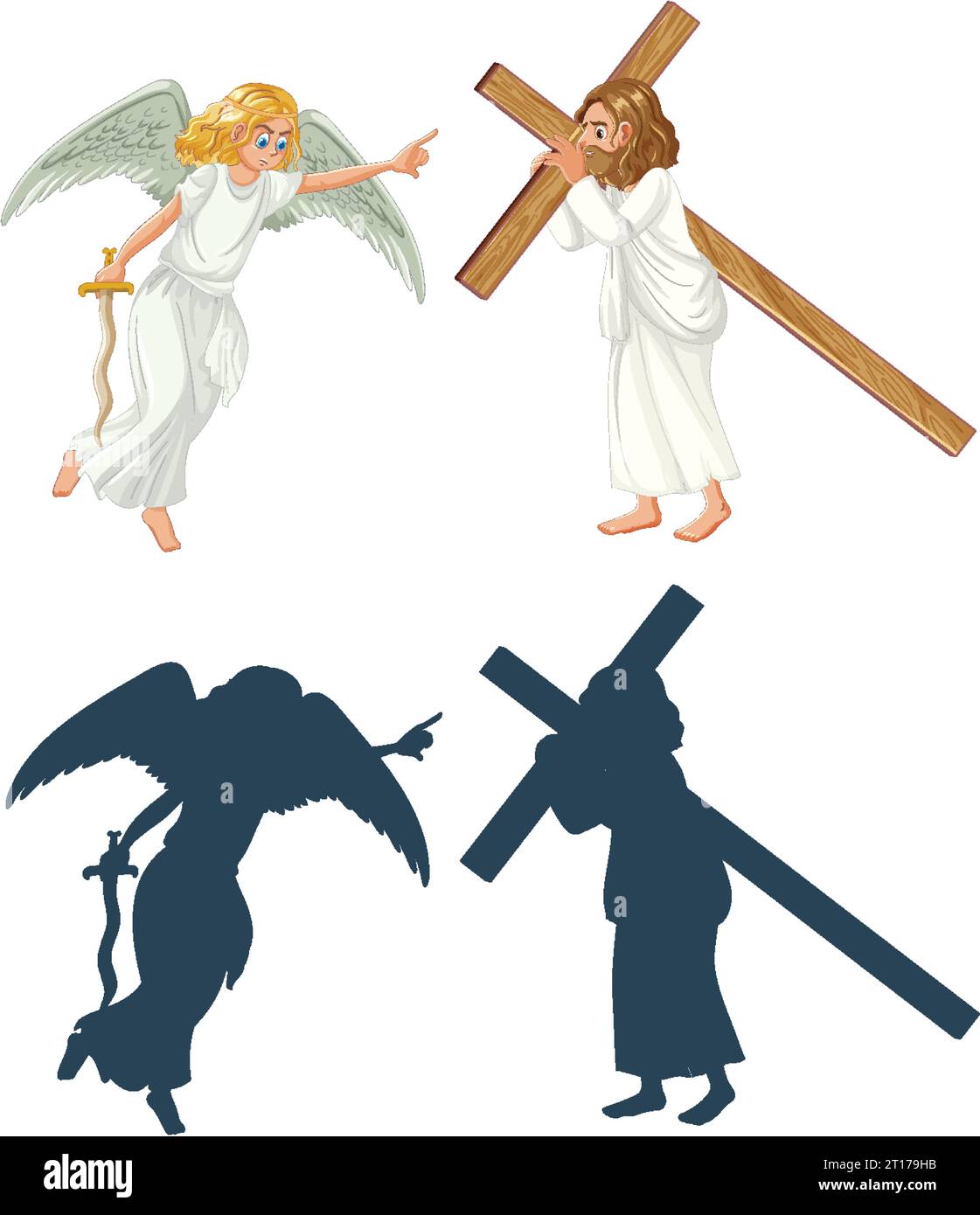 Illustration of Jesus carrying a cross with an angel flying beside him, holding a sword Stock Vector