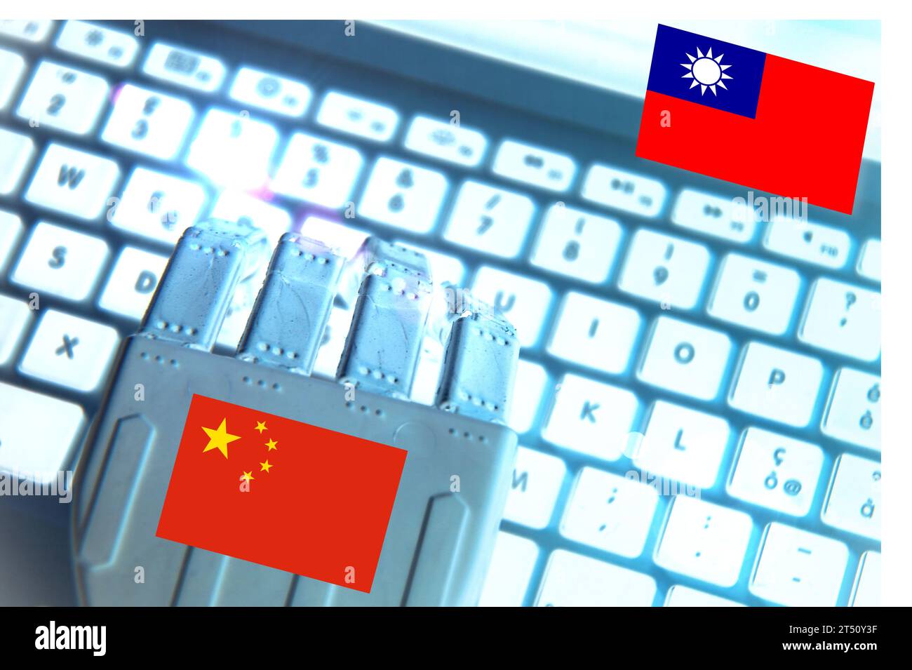 Robotic hand typing on a keyboard with the Taiwan and Chinese flags. Concept of battle for industry device. Stock Photo