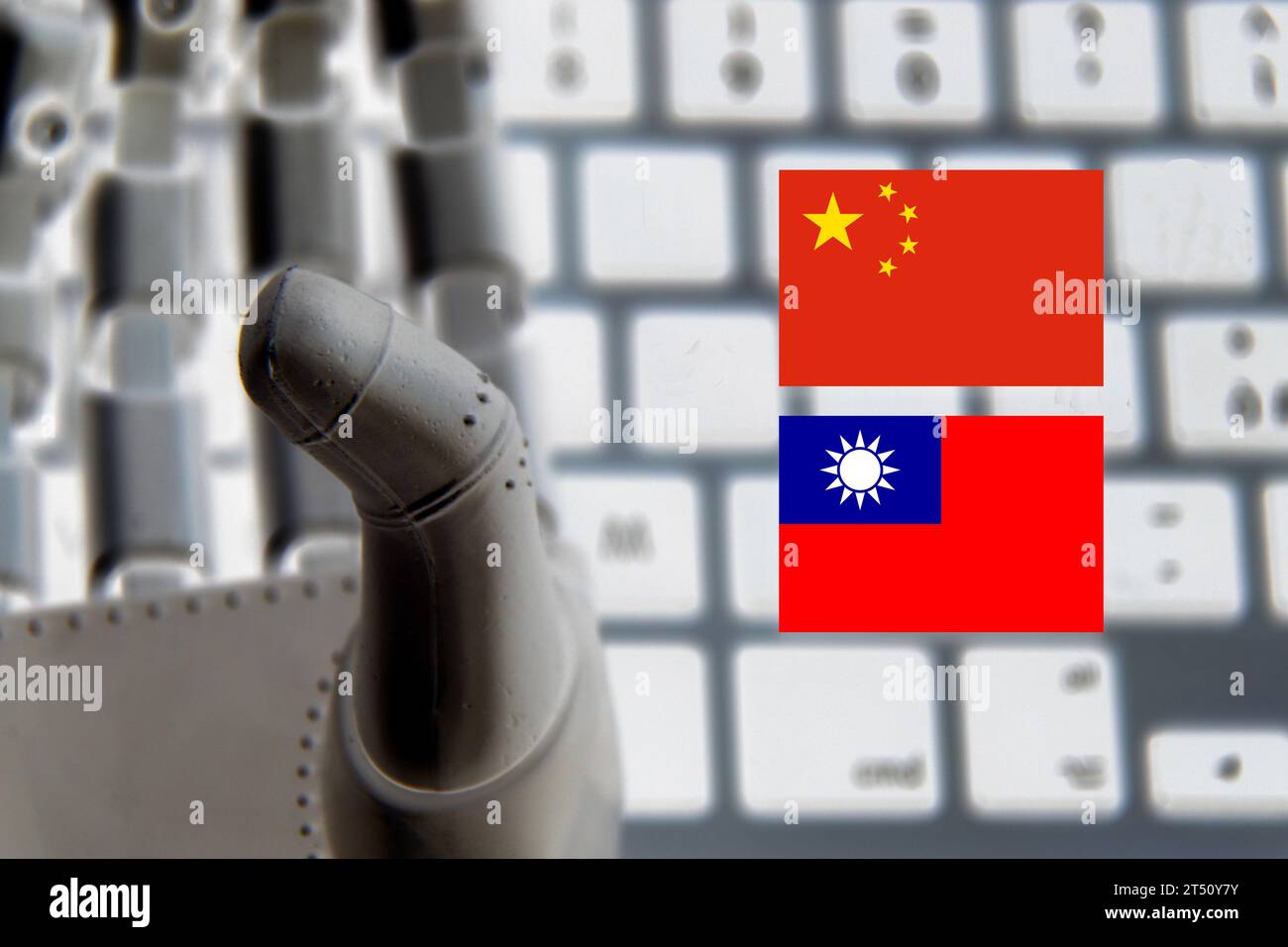 Robot hand with flags of Taiwan and China. Stock Photo