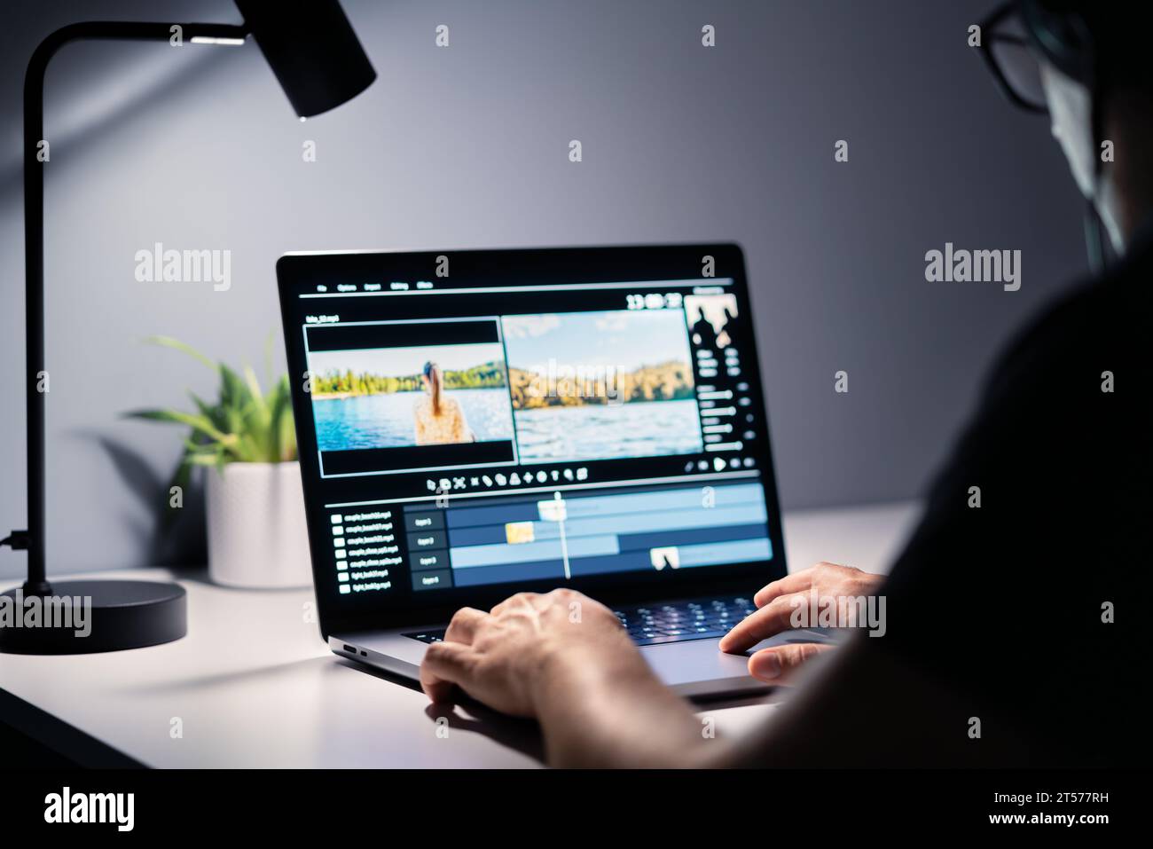 Video edit and film making with editor. Content production. Man editing movie with computer software. Videographer, director or filmmaker working. Stock Photo