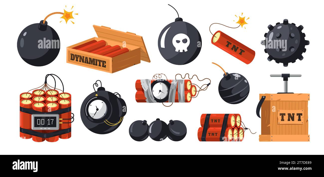 Dynamite and bombs. Cartoon military explosive devices, military grenade and tnt bomb with timer fuse, danger bang firecracker. Vector isolated set Stock Vector