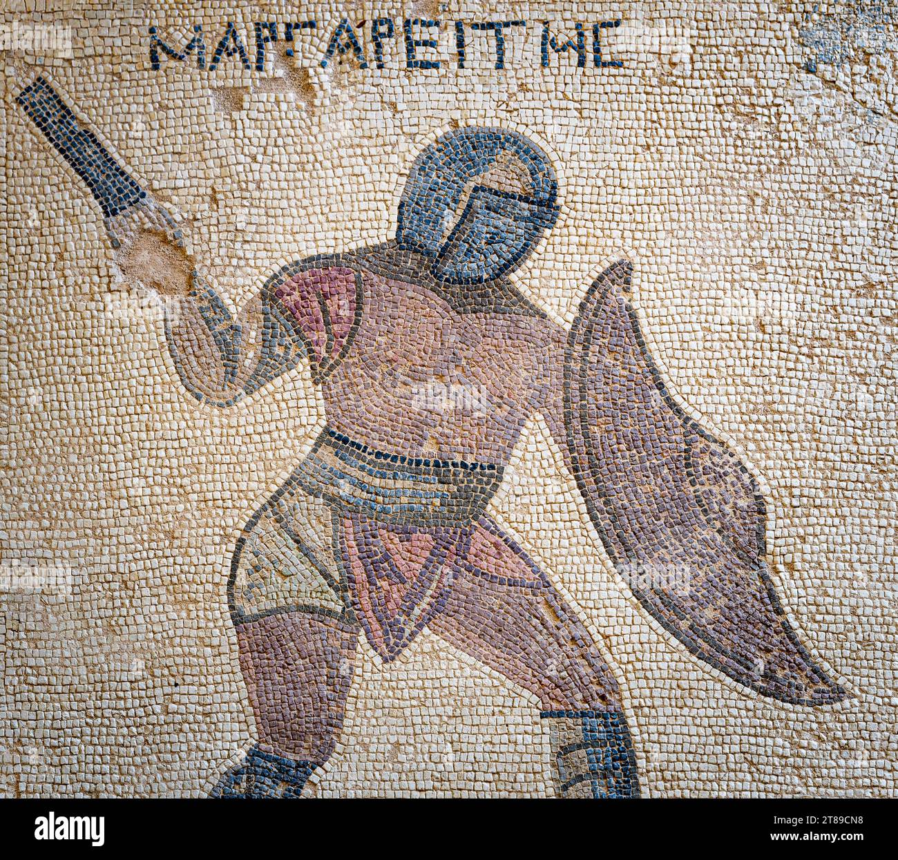 Mosaic depicting a gladiator, Margarities. The end of the 3rd century AD. House of Gladiators. Kourion (Cyprus) Stock Photo