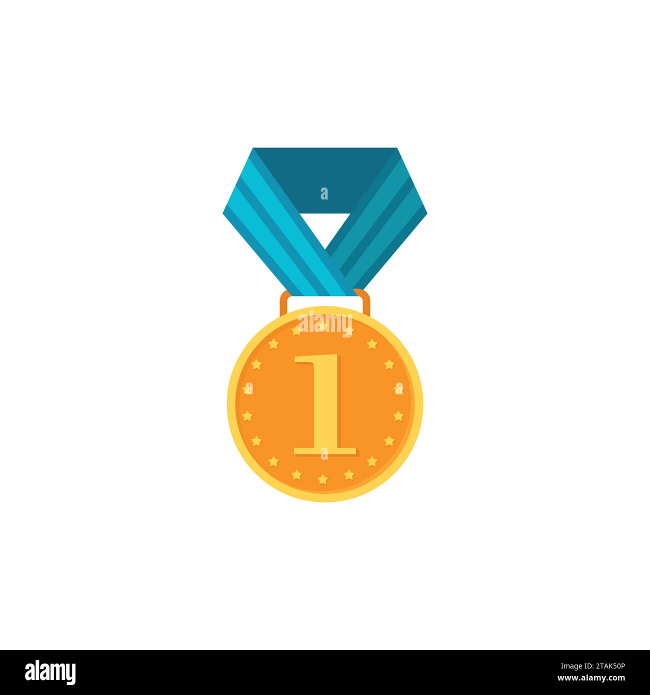 Gold medal with blue ribbon isolated on a white background. Award gold winner prize icon vector illustration in flat tyle Stock Vector