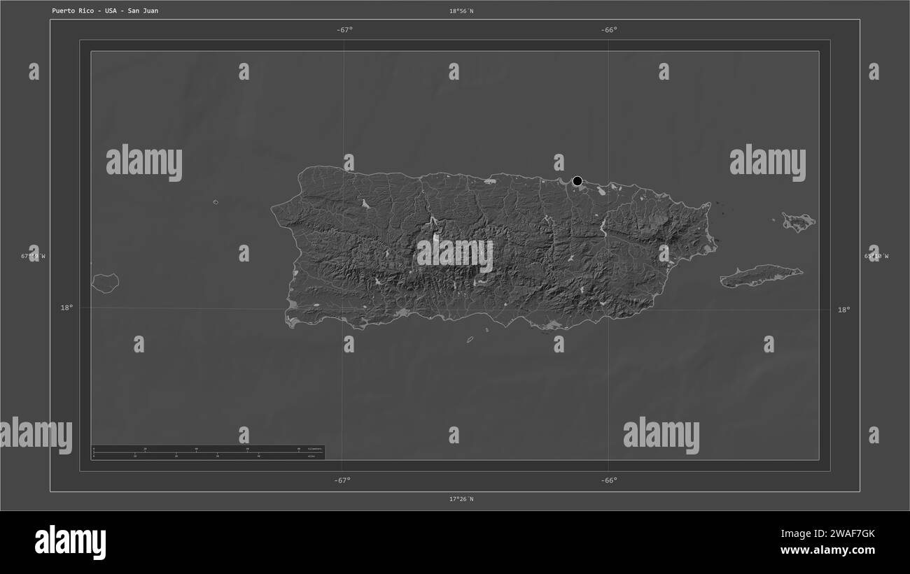 Puerto Rico - USA highlighted on a Bilevel elevation map with lakes and ...