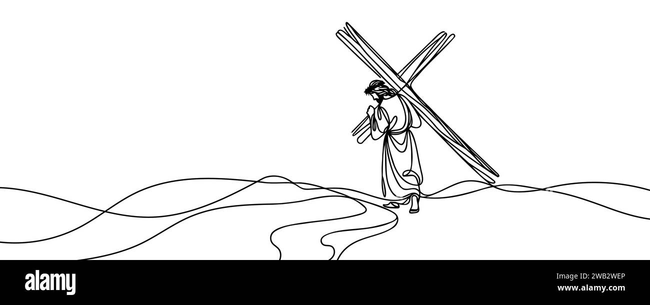 drawing of jesus christ carrying the cross drawn continuous line. Vector illustration. Stock Vector