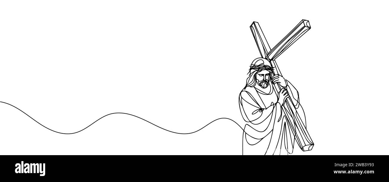 drawing of jesus christ carrying the cross drawn continuous line. Vector illustration. Stock Vector