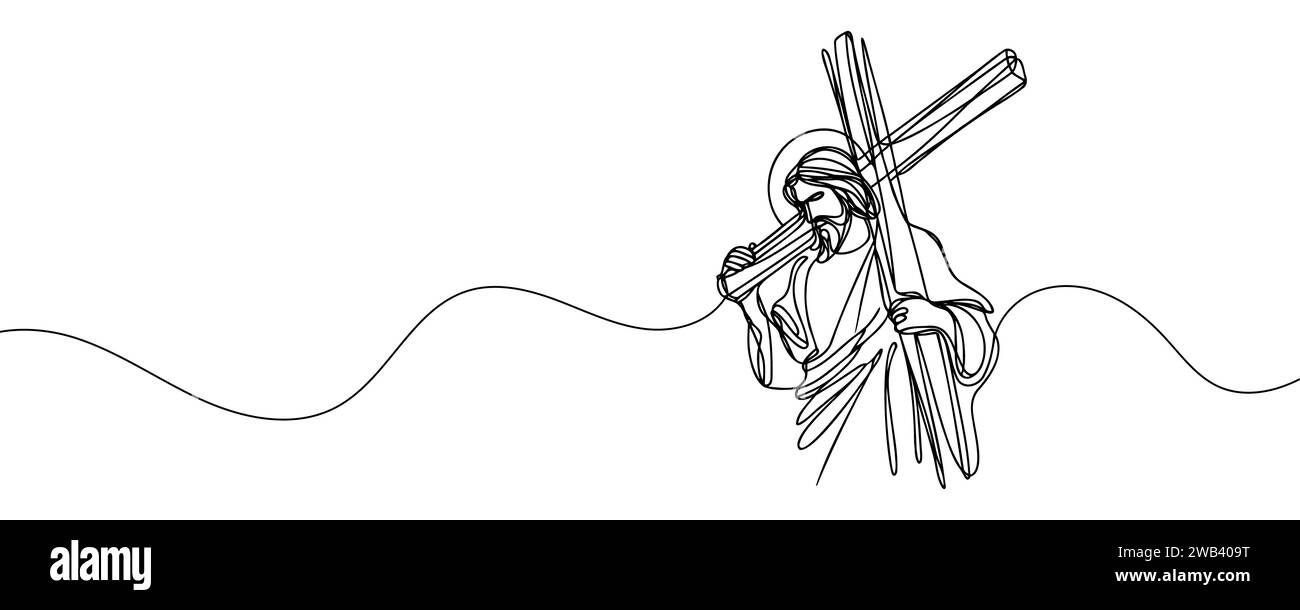 drawing of jesus christ carrying the cross drawn continuous line. Vector illustration. Stock Vector