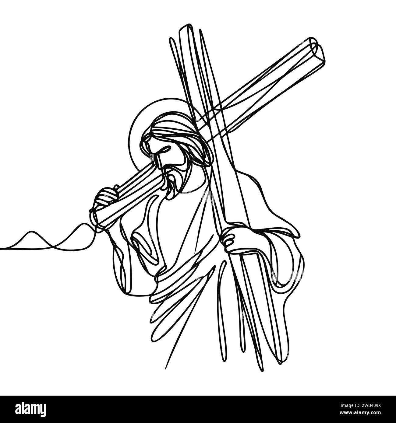 drawing of jesus christ carrying the cross drawn continuous line. Vector illustration. Stock Vector