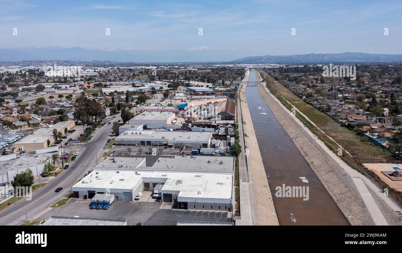 Aerial view of the Rio Hondo River as it flows through Downey and Bell Gardens, California, USA. Stock Photo