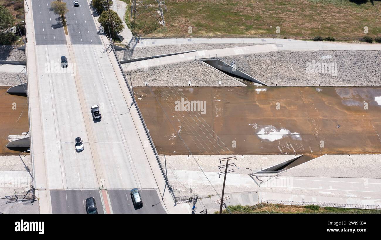 Aerial view of the Rio Hondo River as it flows through Downey and Bell Gardens, California, USA. Stock Photo