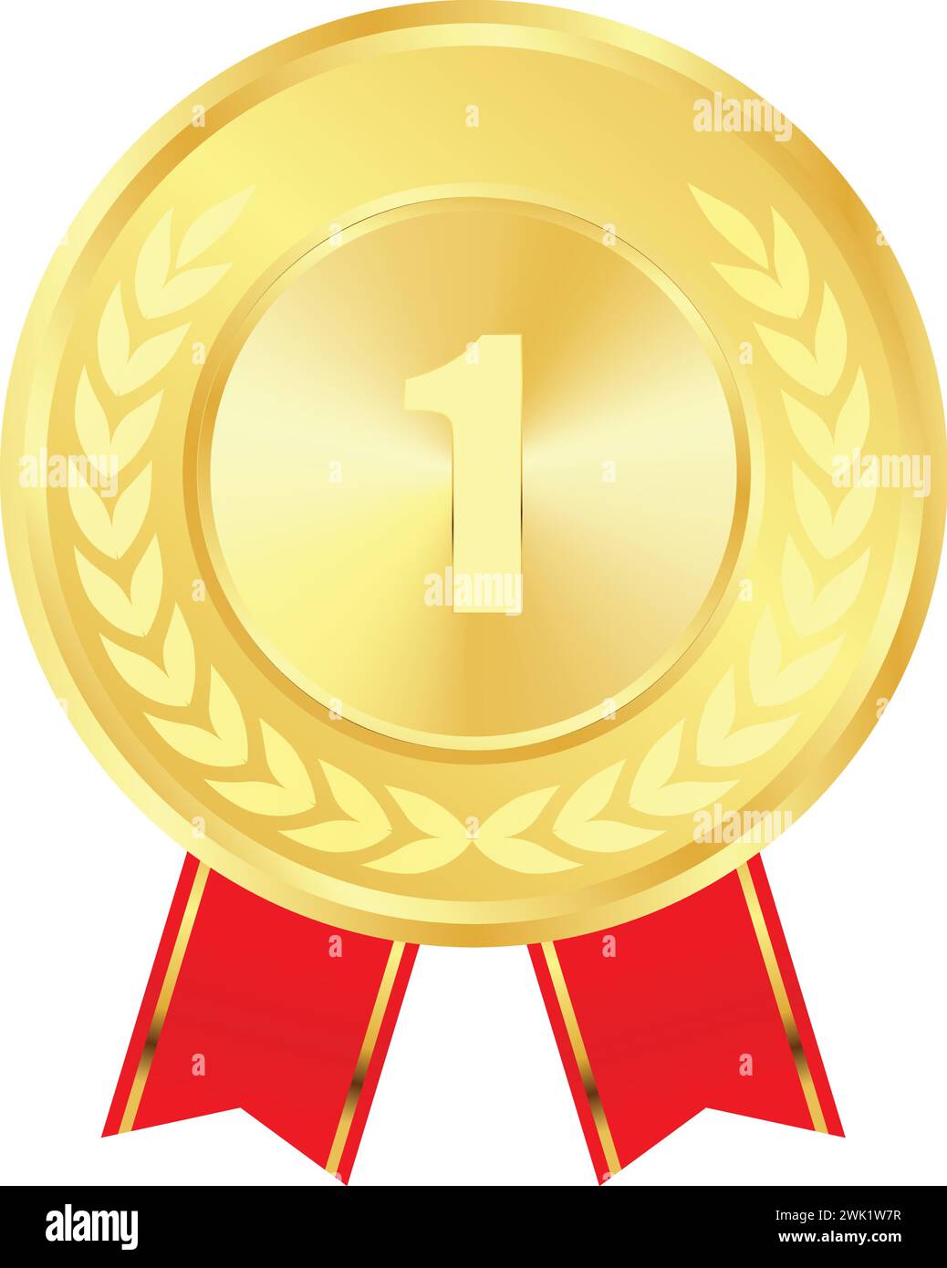 Realistic Gold Medal with red ribbon Vector, 1st Golden Award, 1st Prize, Golden Challenge Award red ribbon, Medal Award winner, First place trophy, G Stock Vector