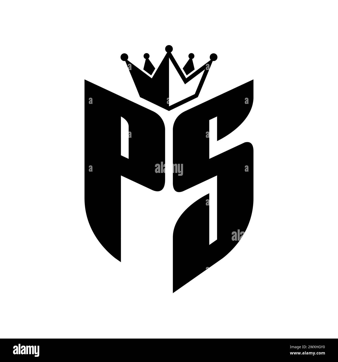 PS Letter monogram with shield shape with crown black and white color design template Stock Photo