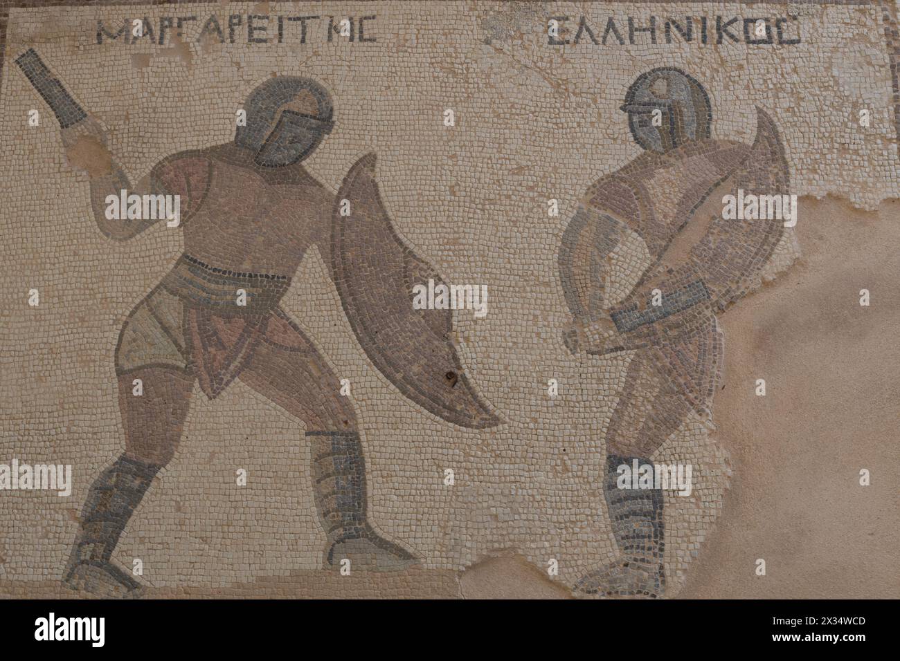 Gladiators Mosaic at Kourion Archaeological Site. Stock Photo