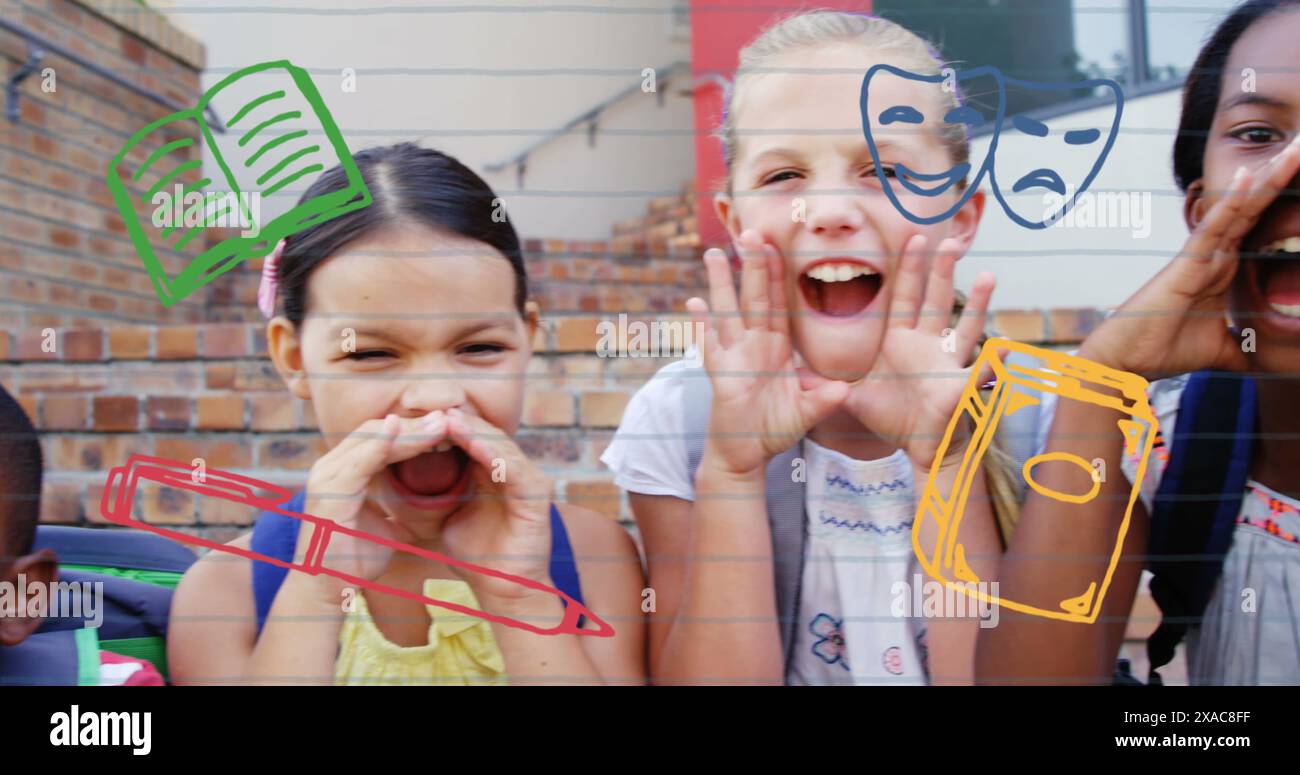 Image of school concept icons against diverse students screaming on stairs at elementary school Stock Photo