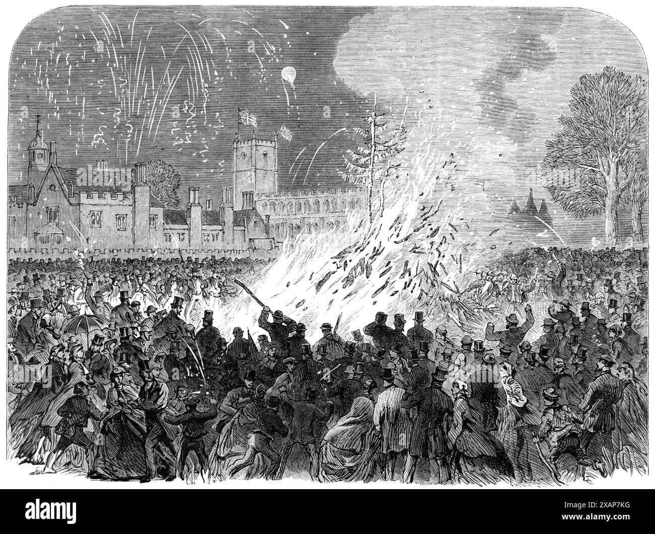 Visit of the Prince and Princess of Wales to Melford Hall, Suffolk: the bonfire on the Green, 1865. 'The Prince and Princess [future King Edward VII and Queen Alexandra]...drove up to the hall with considerable festive pomp, and were soon received within its hospitable walls. A few hours later, there was a grand pyrotechnic display on the green near the hall, concluded by a huge bonfire. The whole village was already illuminated, stars and feathers and other devices in gas being seen on all hands. The carriage drive in the park was lit up with lamps; and the crown and feathers, with the initia Stock Photo